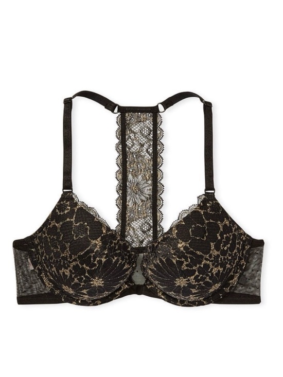 Victoria's Secret Other - Victoria’s Secret Sexy Tee T-Back Lace Front Close Push Up Bra Black & Gold 34C